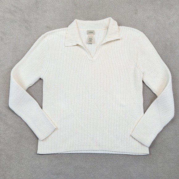 LL Bean Vintage Preppy Ribbed Knit Polo Sweater XL Ivory White Quiet Luxury — photo 2